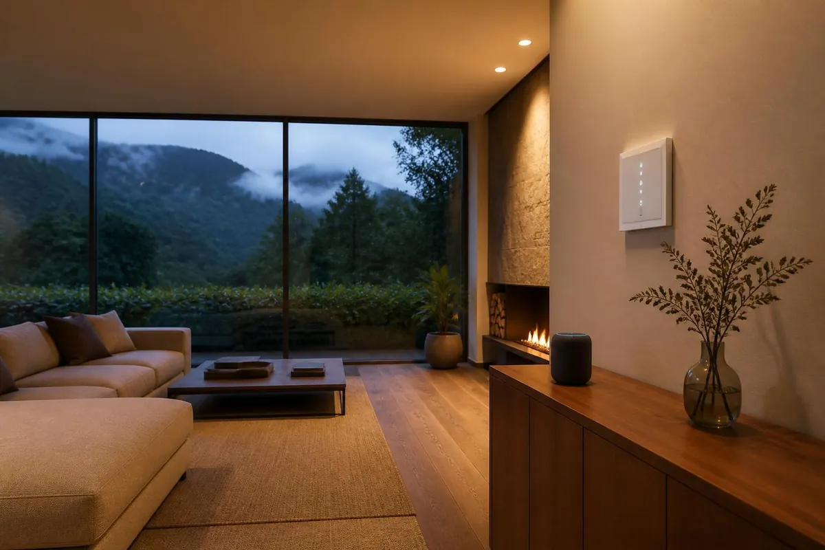 Imagem ilustrativa: sala com iluminação automatizada e comando por voz